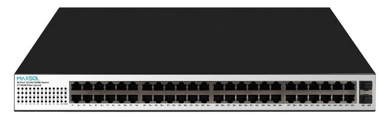 Front view of Maxsol PS14802SFG 48-port Gigabit PoE switch with two uplink ports