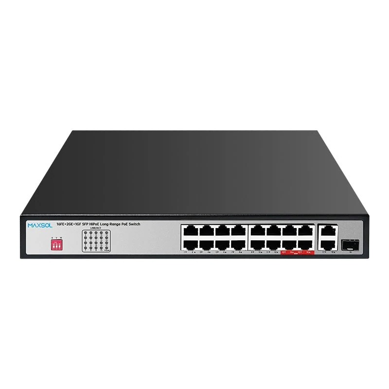 Maxsol PS11602FE switch with 16 Fast Ethernet PoE ports, copper uplinks and one Gigabit SFP uplink