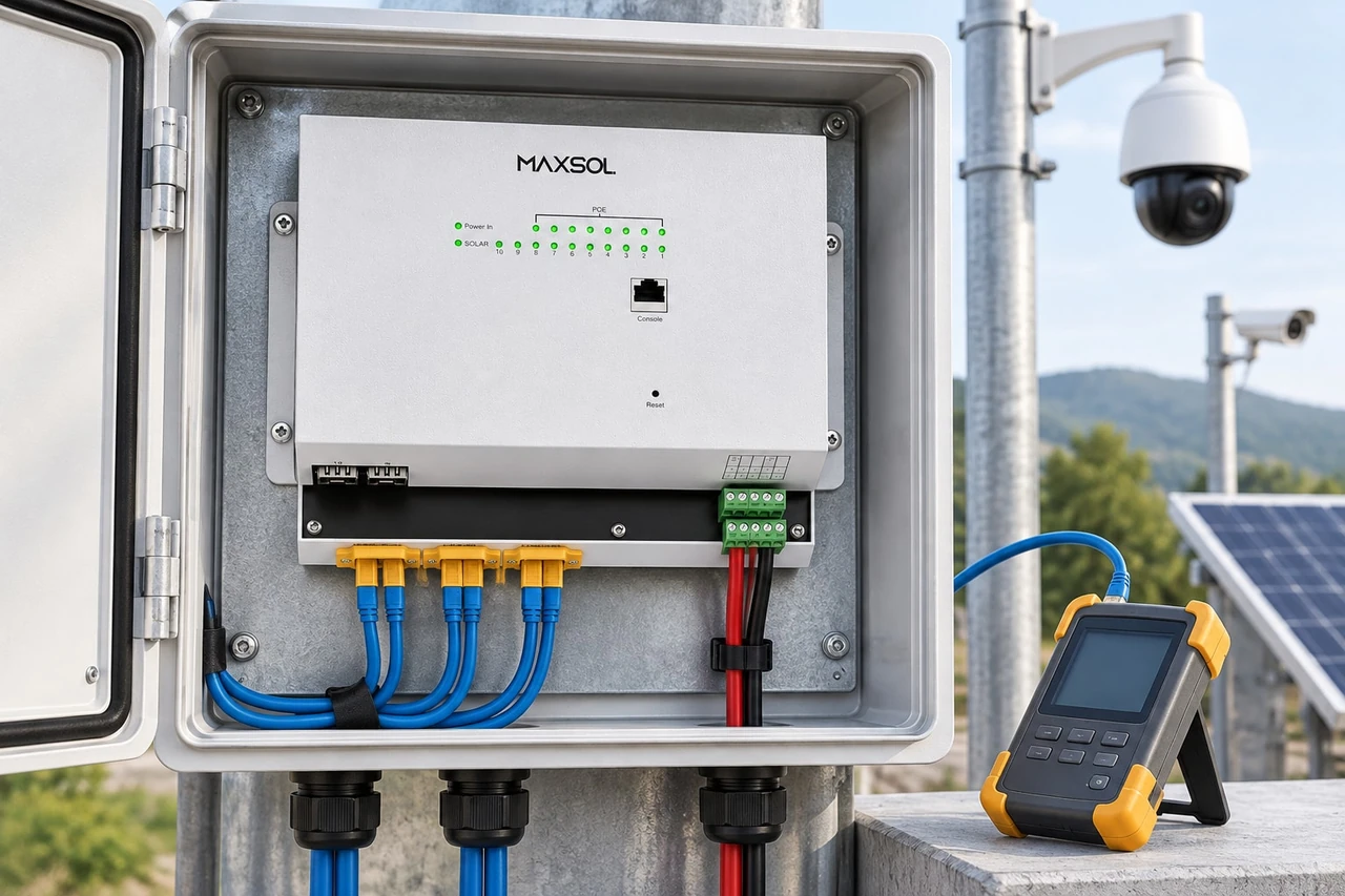 Maxsol IOT2802SFG-S managed solar industrial PoE switch with Ethernet, SFP and power connections