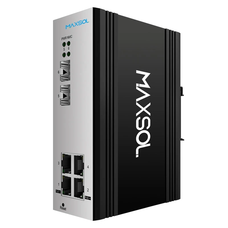 Four-port Gigabit PoE switch with two SFP ports shown in product image